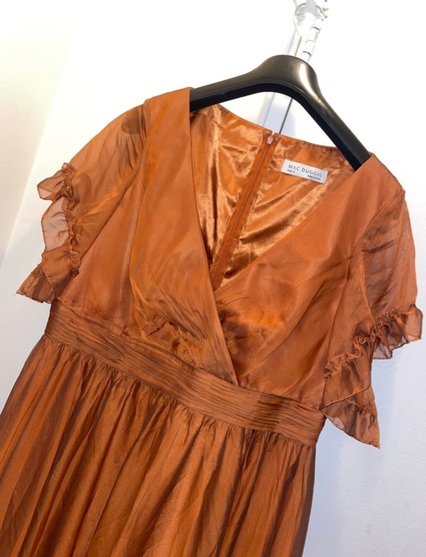 NWT Mac Duggal Ruffle-Trim Midi Dress Flutter Sleeves Rust Colored Size 16 $498