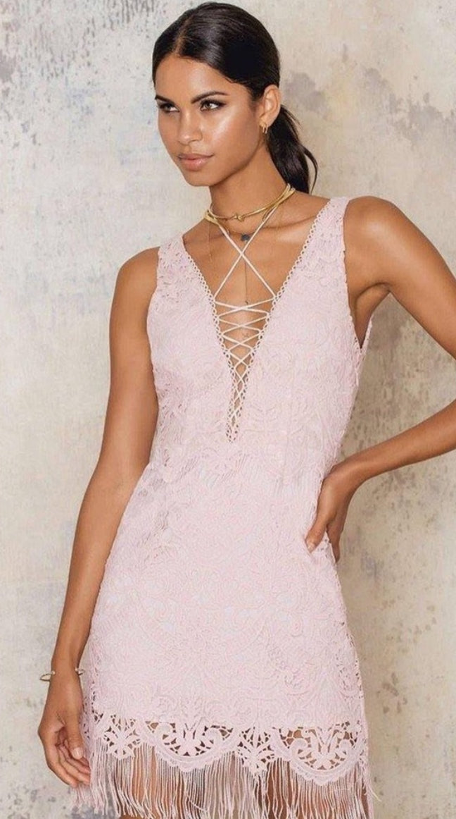 SAYLOR Elana Pink Lace V-Neck Mini Dress With Fringes Size XS