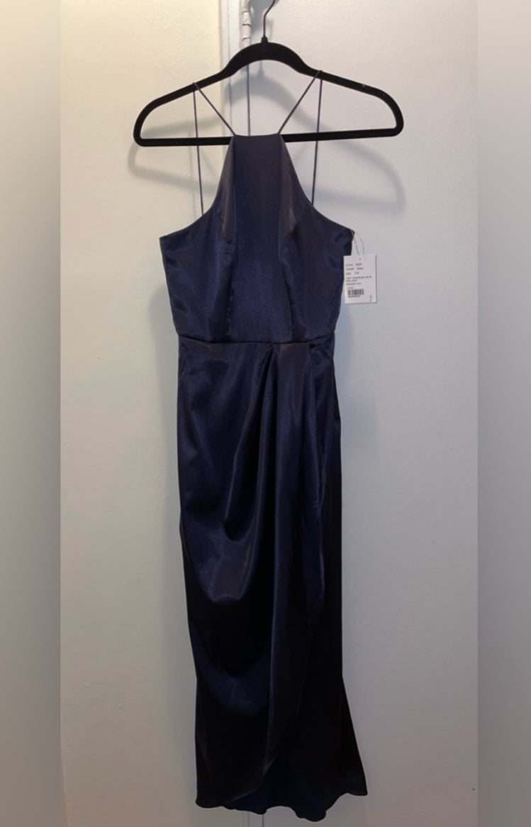 After Six Midnight Blue Charmeuse Halter Midi Dress Draped Tulip Skirt Sz 0