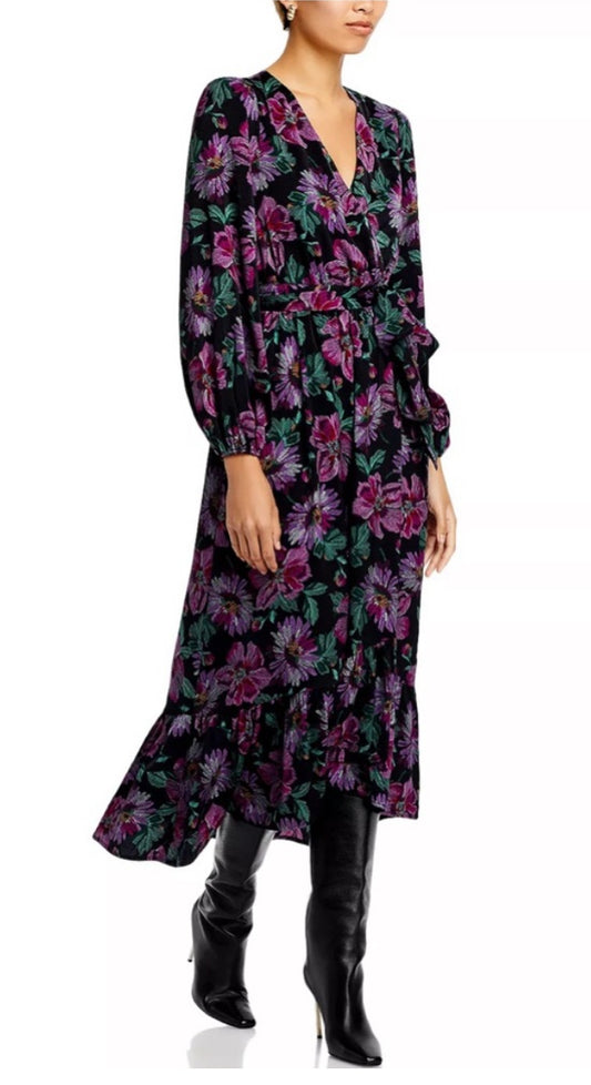AQUA Long Sleeved V-Neck Fit & Flare Floral Wrap Maxi Dress Size Small