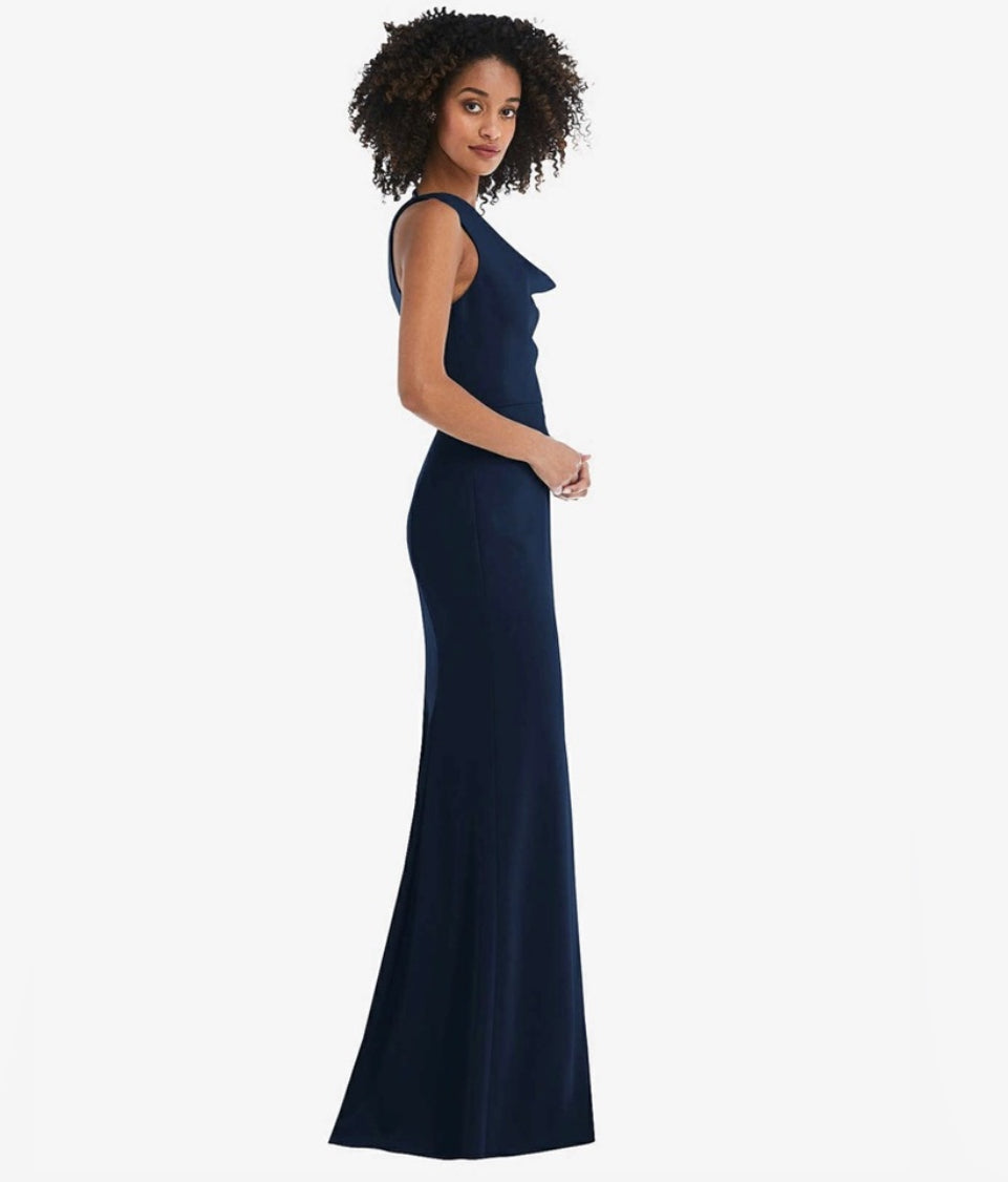 NWT After Six One Shoulder Draped Cowl Neck Maxi Dress Slit Midnight Blue Sz 16