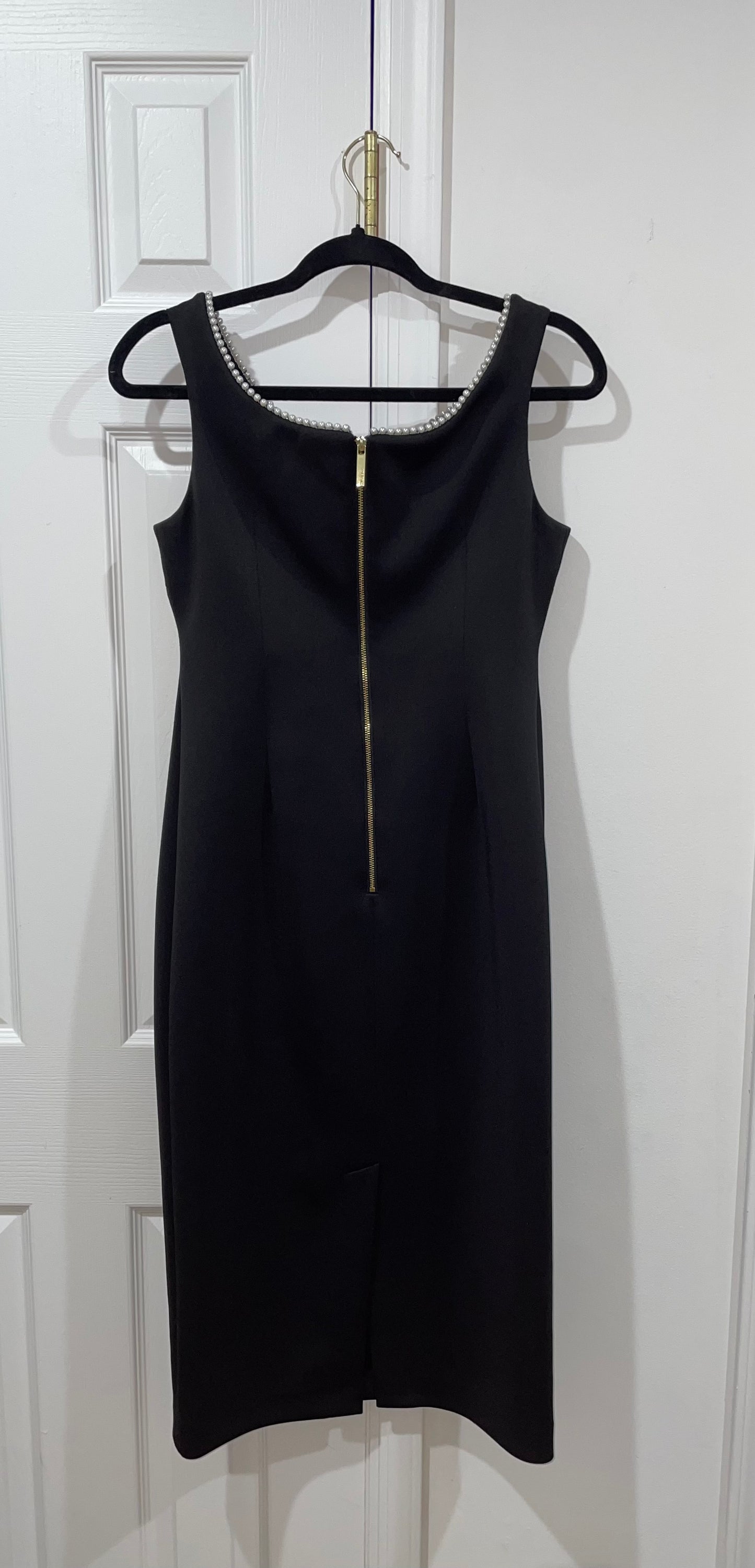 Calvin Klein Pearl Trim Sleeveless Black Sheath Midi Cocktail Dress Size 6 $139