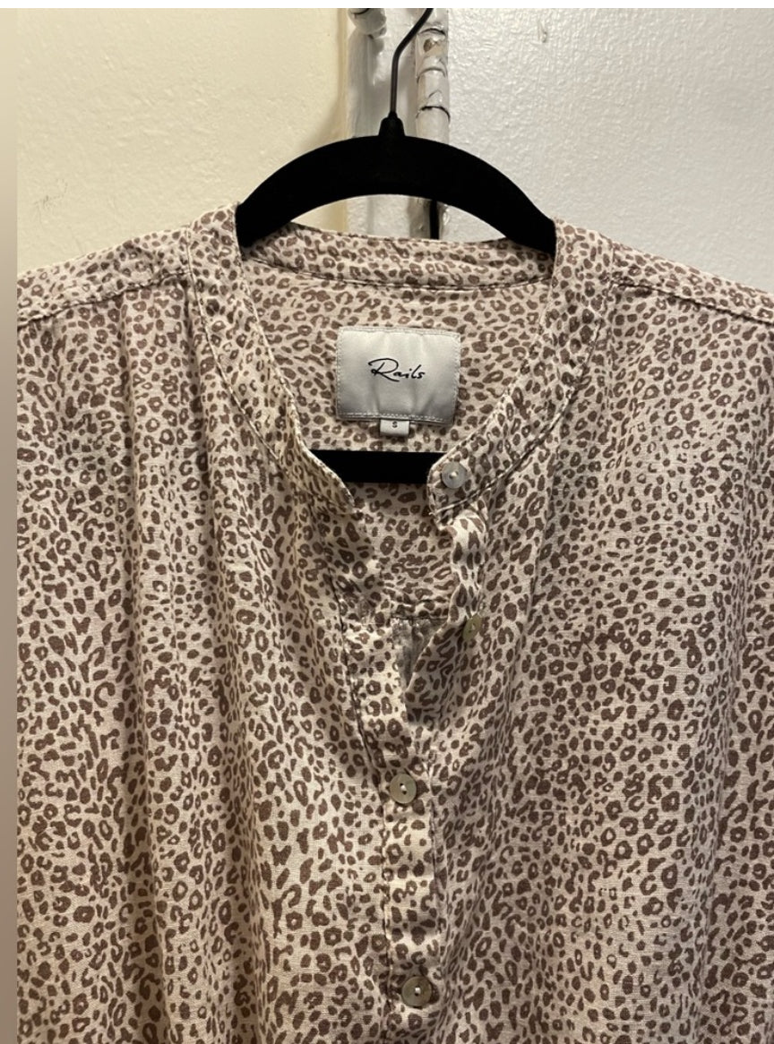 Rails Angelina Smocked Waist Tiered Mini Dress Sand Cheetah Linen Blend Size XS