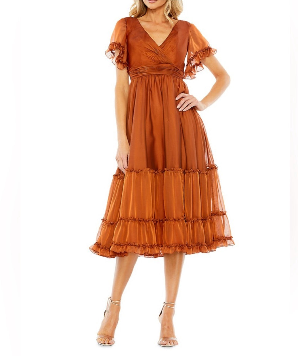 NWT Mac Duggal Ruffle-Trim Midi Dress Flutter Sleeves Rust Colored Size 16 $498