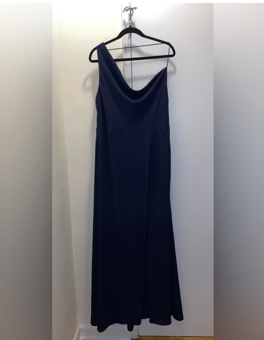 NWT After Six One Shoulder Draped Cowl Neck Maxi Dress Slit Midnight Blue Sz 16