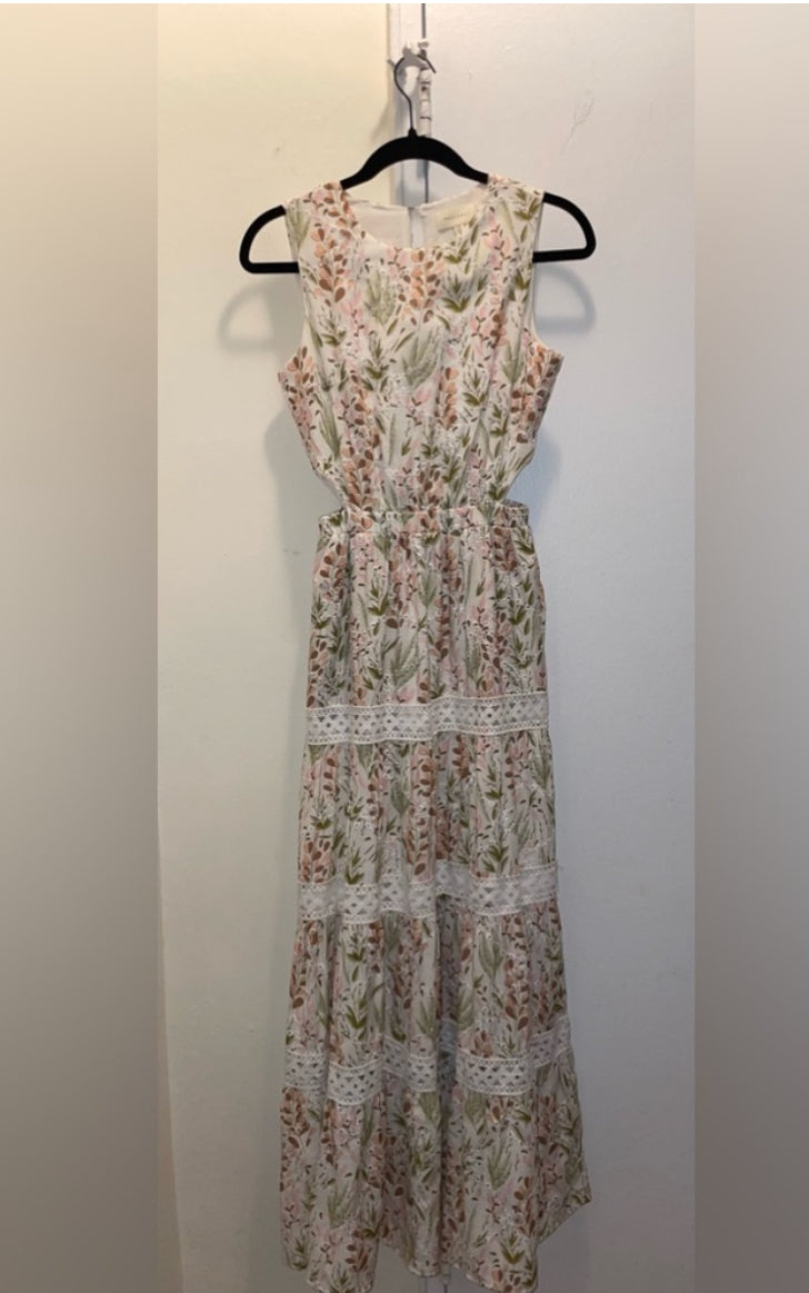 Melloday Tiered Floral Cutout Maxi Sleeveless Dress Eyelet Fit & Flare Size XS