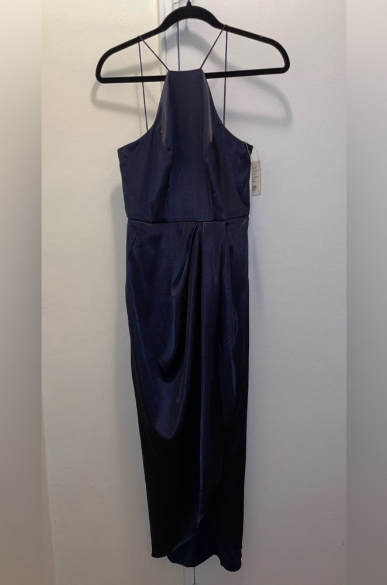 After Six Midnight Blue Charmeuse Halter Midi Dress Draped Tulip Skirt Sz 0