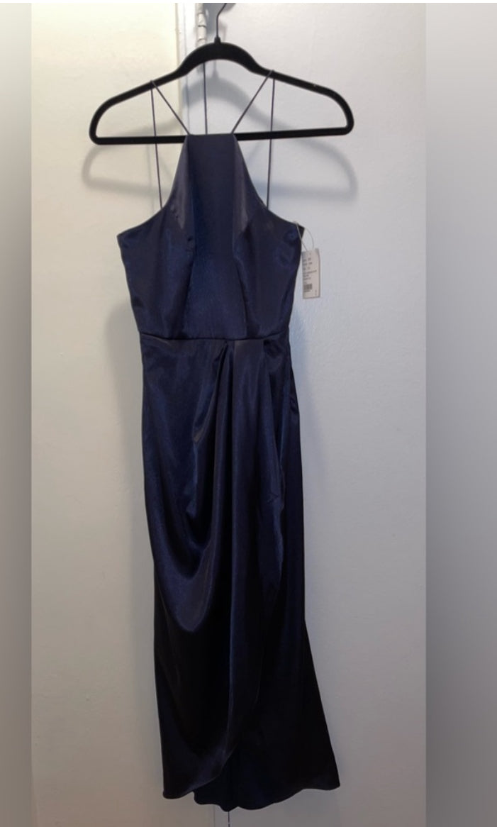 After Six Midnight Blue Charmeuse Halter Midi Dress Draped Tulip Skirt Sz 0
