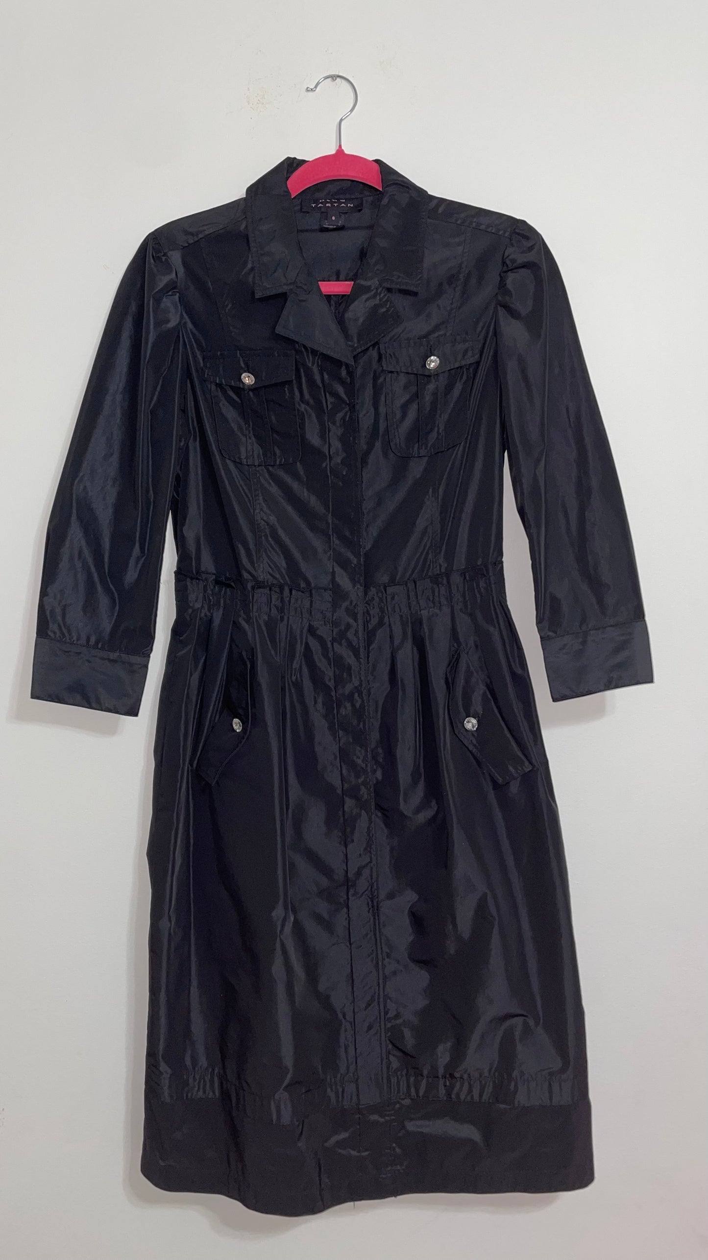 Pink Tartan Glossy Taffeta Black Collared Midi Shirt Dress Size 6
