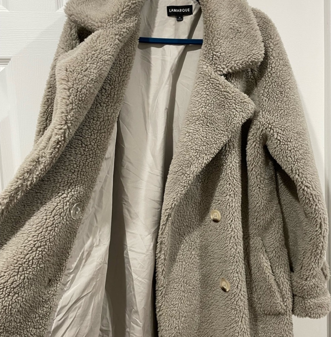 Lamarque Malani Taupe Oversized Faux Fur Sherpa Teddy Coat Size Medium $325