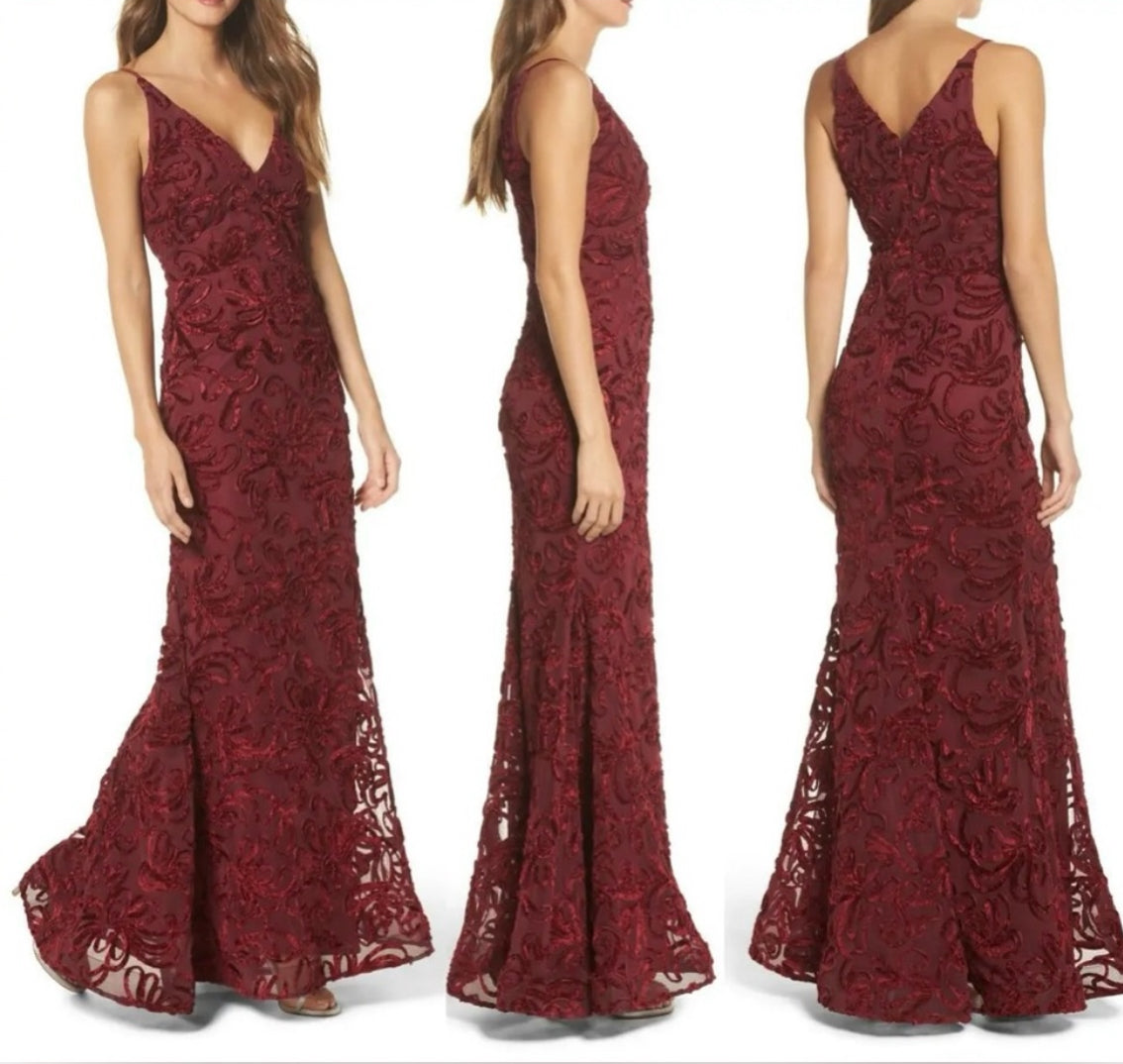 XSCAPE Flocked Velvet Mesh Formal Evening Gown Mermaid Dress Wine Red Sz 8 $258