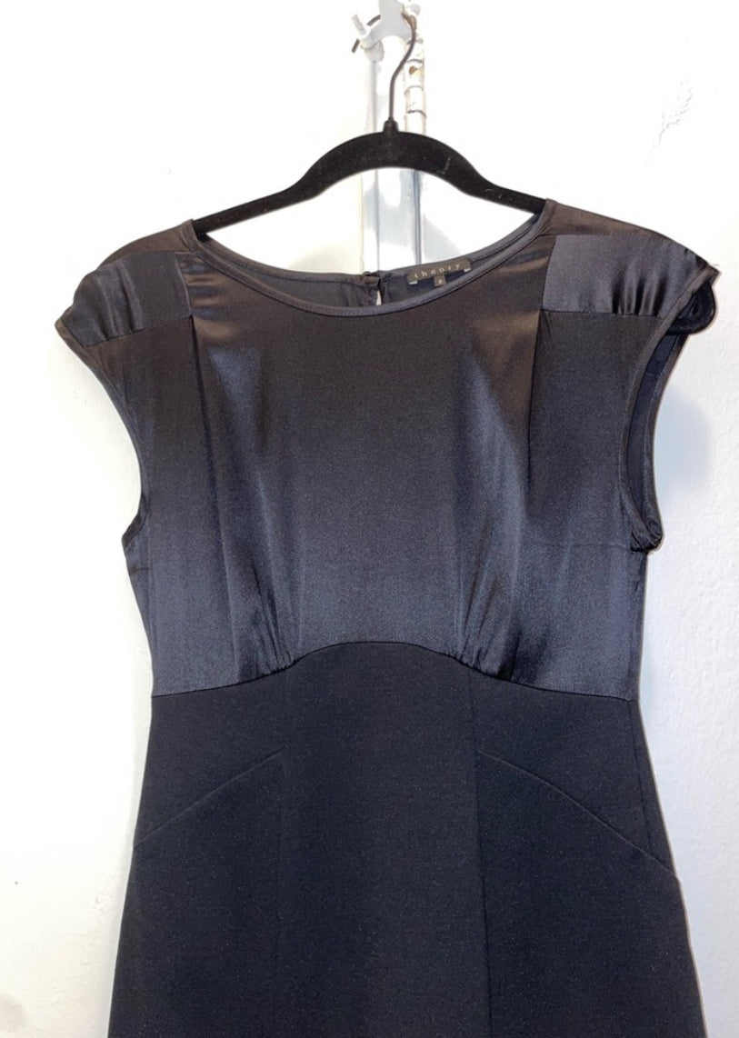Theory Black Fitted Sheath Dress Scoop Neck Satin Bodice LBD Size 2