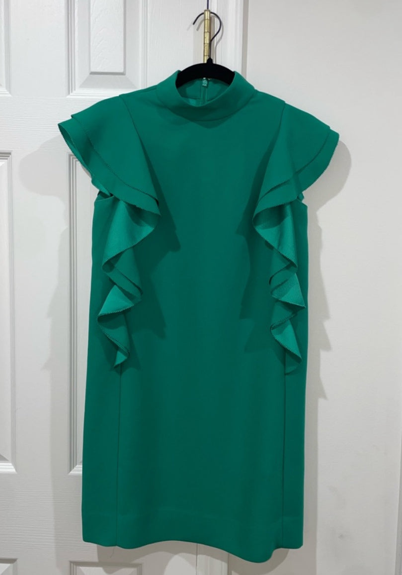 Kate Spade Emerald Green Satin Crepe Flutter Sleeve Shift Dress Size 00 $398