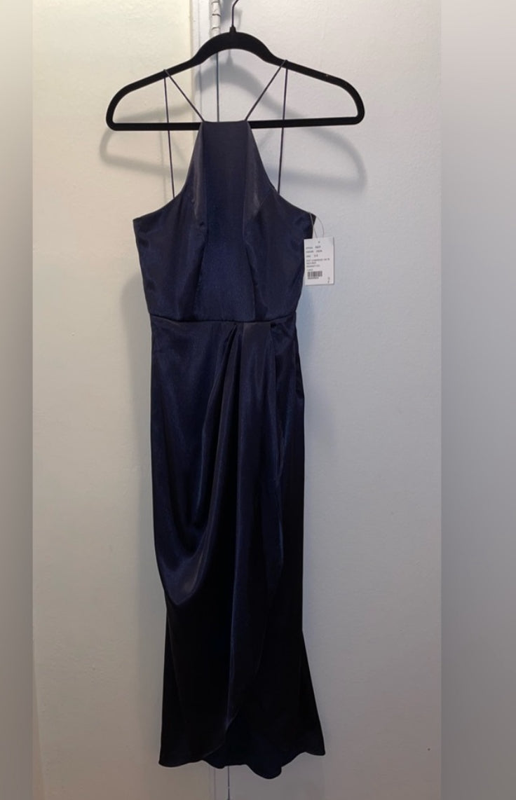 After Six Midnight Blue Charmeuse Halter Midi Dress Draped Tulip Skirt Sz 0