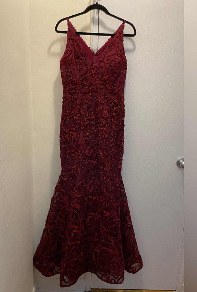 XSCAPE Flocked Velvet Mesh Formal Evening Gown Mermaid Dress Wine Red Sz 8 $258