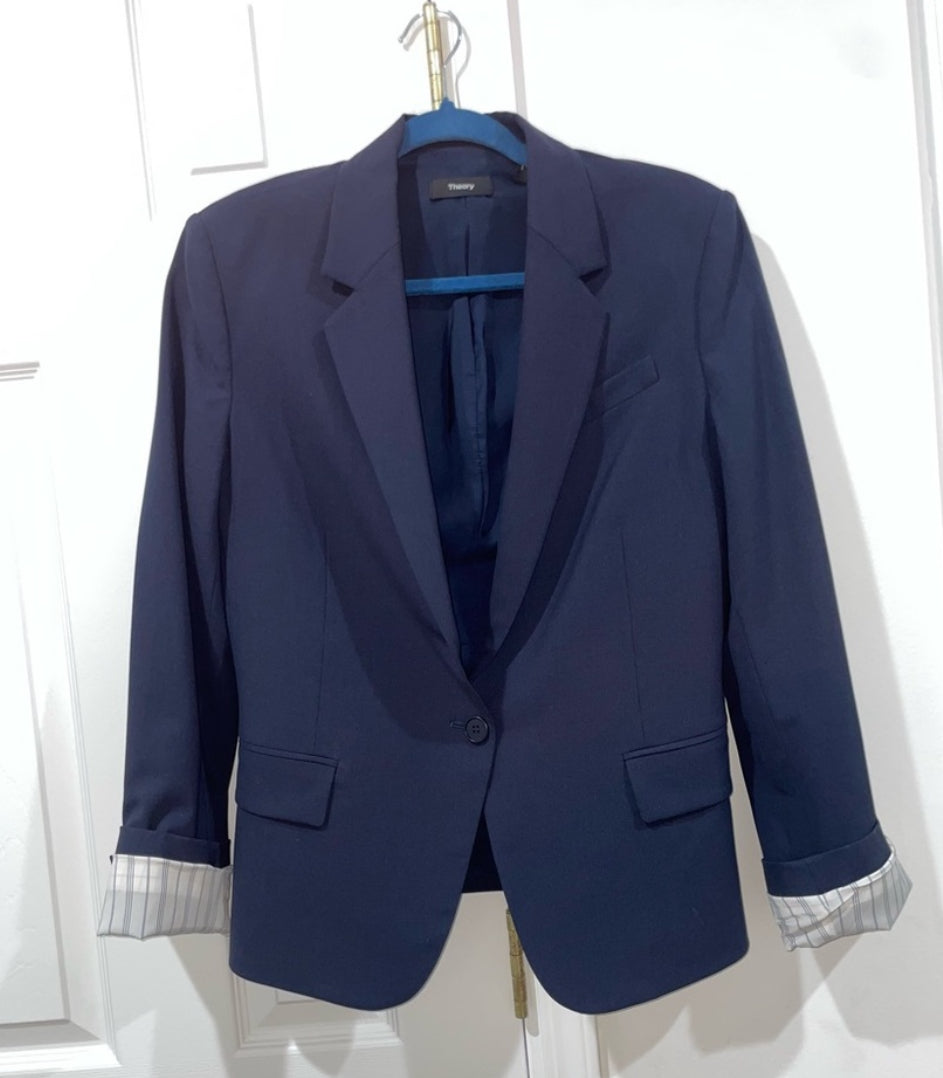 Theory Gabe N Edition Deep Blue Virgin Wool Slim Fit Blazer Size 10 $425