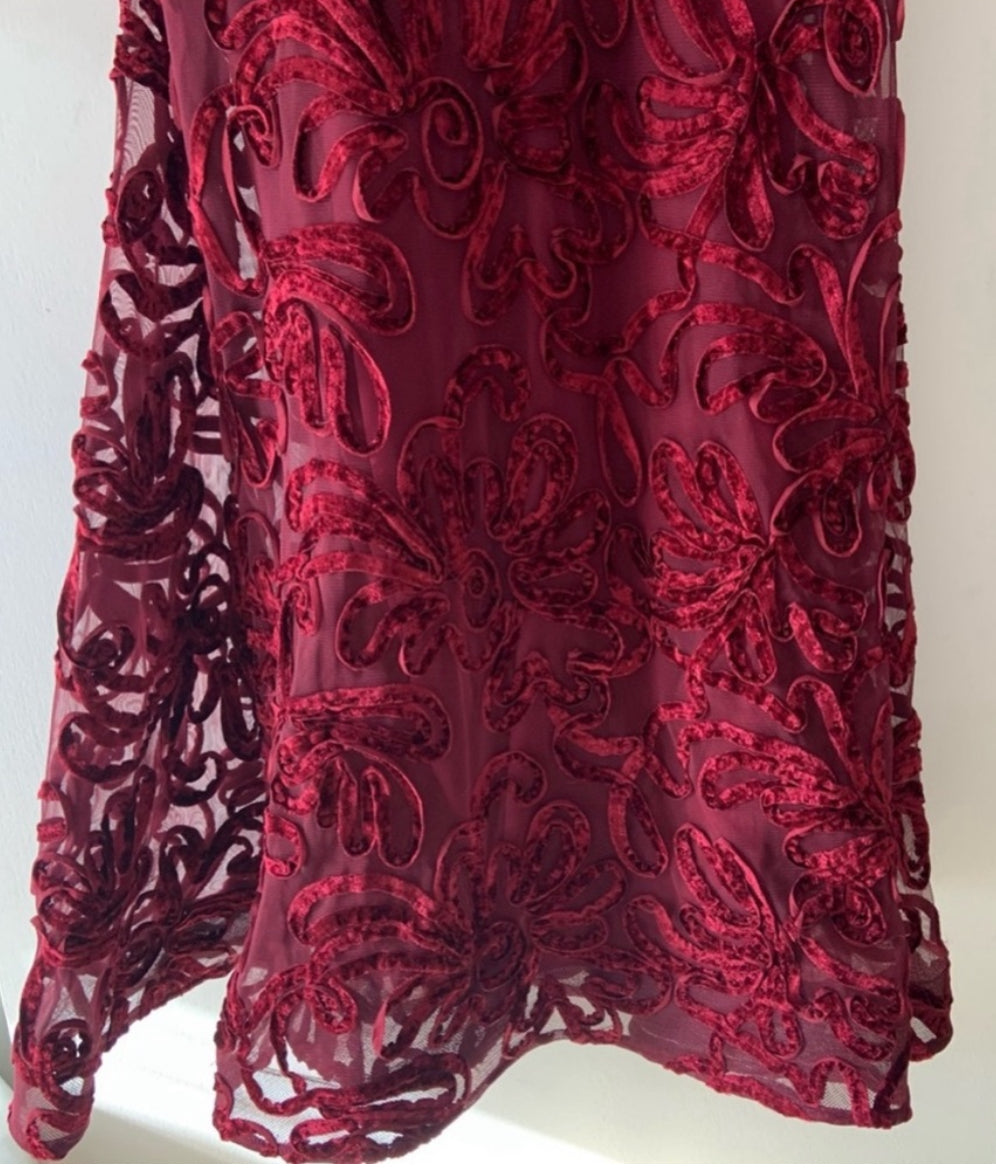 XSCAPE Flocked Velvet Mesh Formal Evening Gown Mermaid Dress Wine Red Sz 8 $258