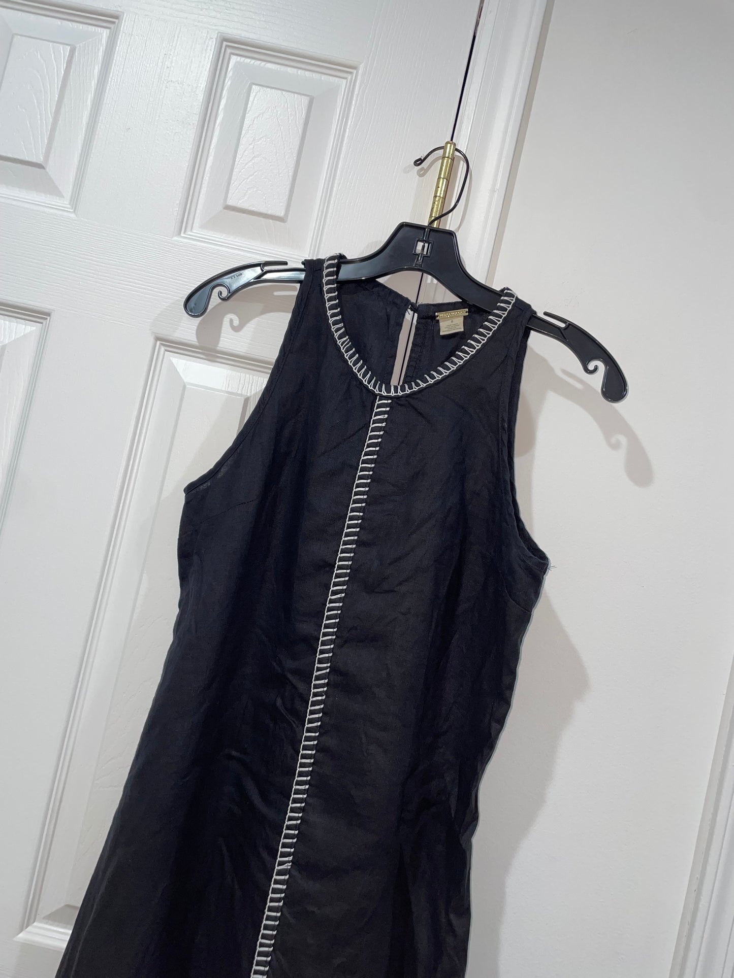 Magaschoni 100% Linen Black Long A-Line Dress White Whipstitch Trim Size 6 $198