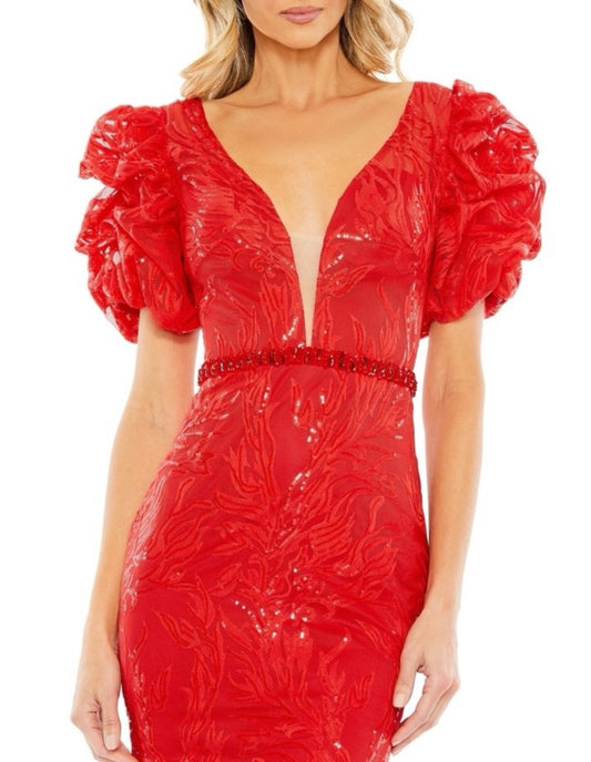 NWT MAC DUGGAL 12421 Red Embellished Puff Sleeve Plunge Neck Trumpet Gown Size 8