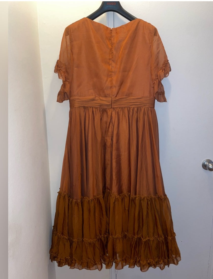 NWT Mac Duggal Ruffle-Trim Midi Dress Flutter Sleeves Rust Colored Size 16 $498