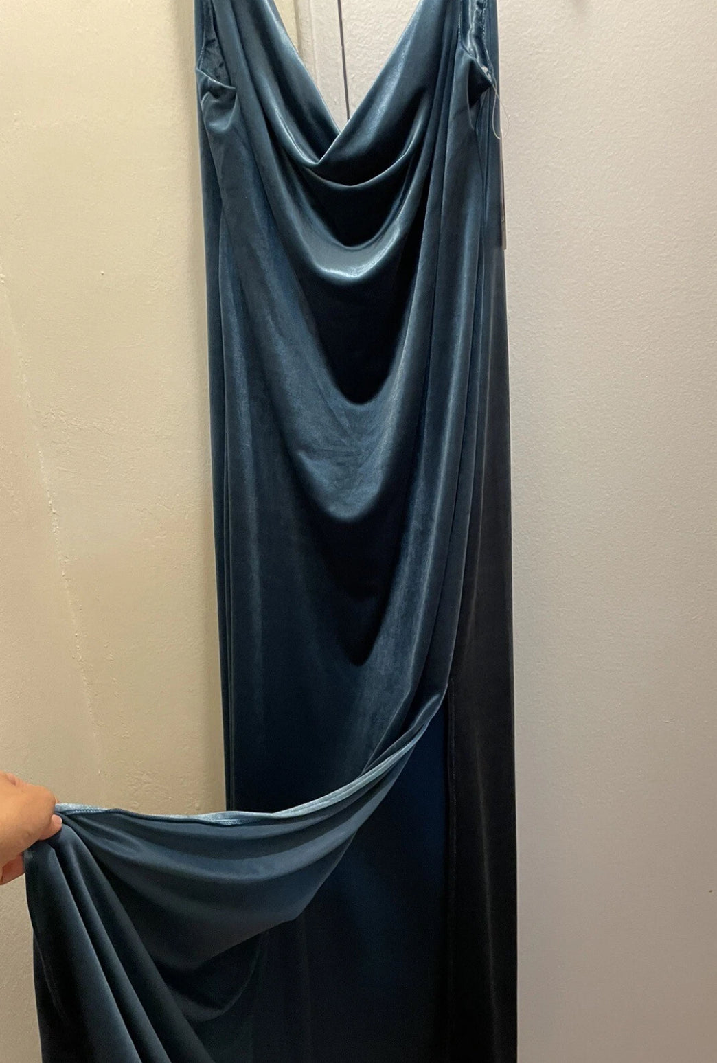 Social Bridesmaid Asymmetrical Shoulder Velvet Maxi Dress Dutch Blue Size XL
