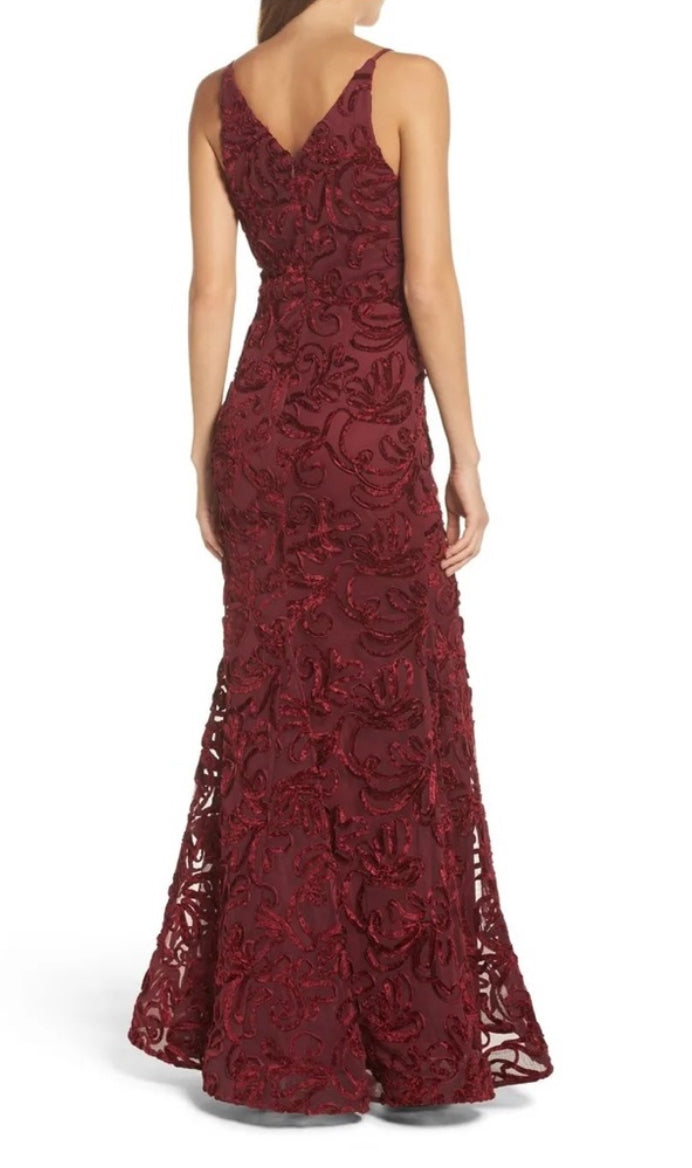 XSCAPE Flocked Velvet Mesh Formal Evening Gown Mermaid Dress Wine Red Sz 8 $258