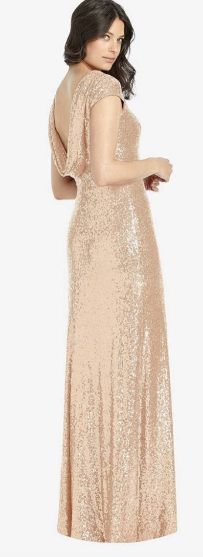 NWT DESSY COLLECTION Elle Rose Gold Sequin Maxi Dress Cowl Back Gown Size 6