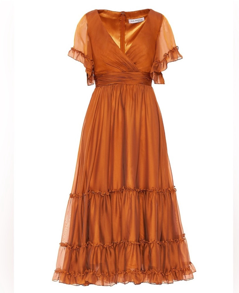 NWT Mac Duggal Ruffle-Trim Midi Dress Flutter Sleeves Rust Colored Size 16 $498