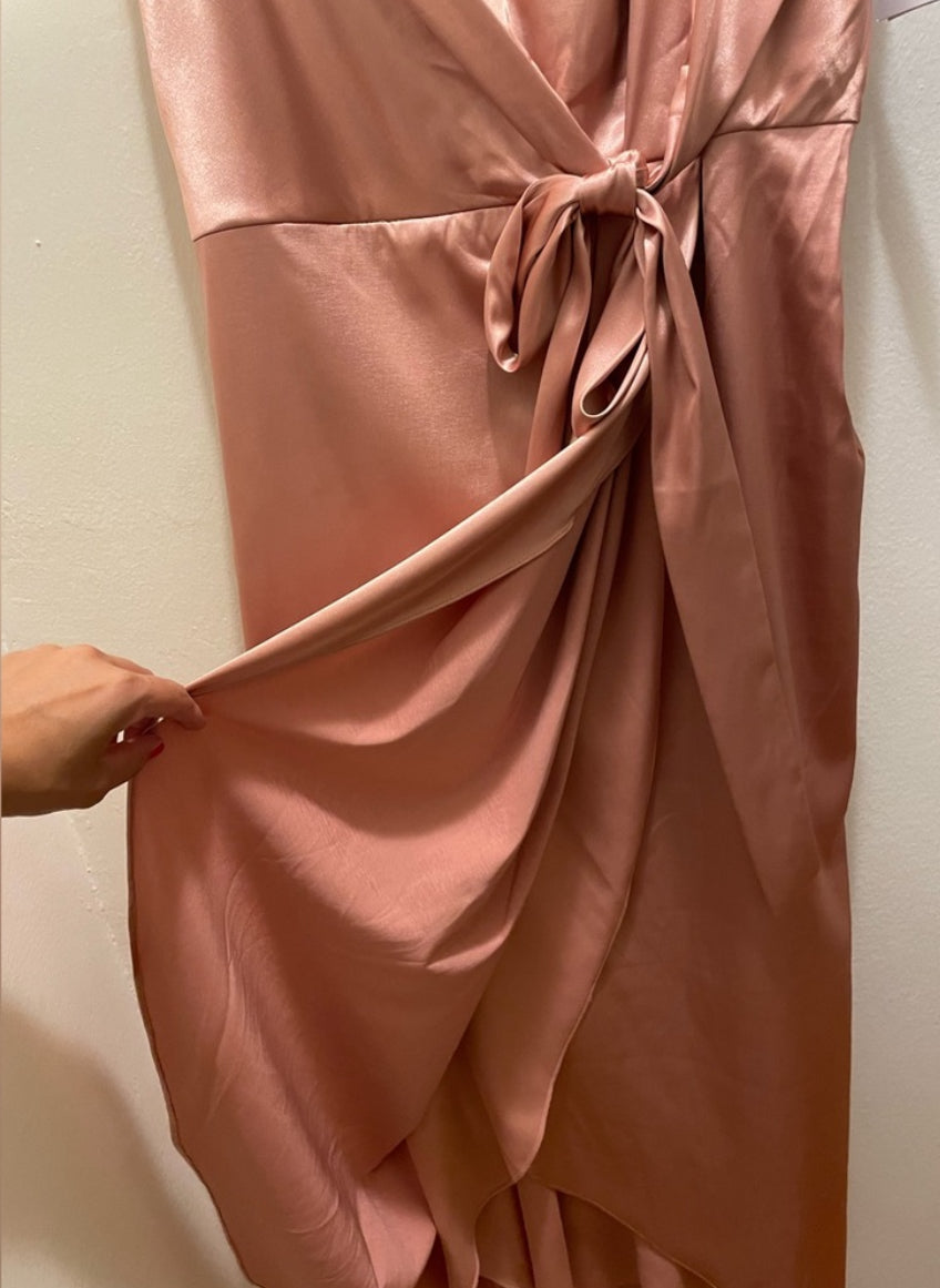 After Six Midi Charmeuse Dress Draped Tulip Skirt Desert Rose Size 18 $227