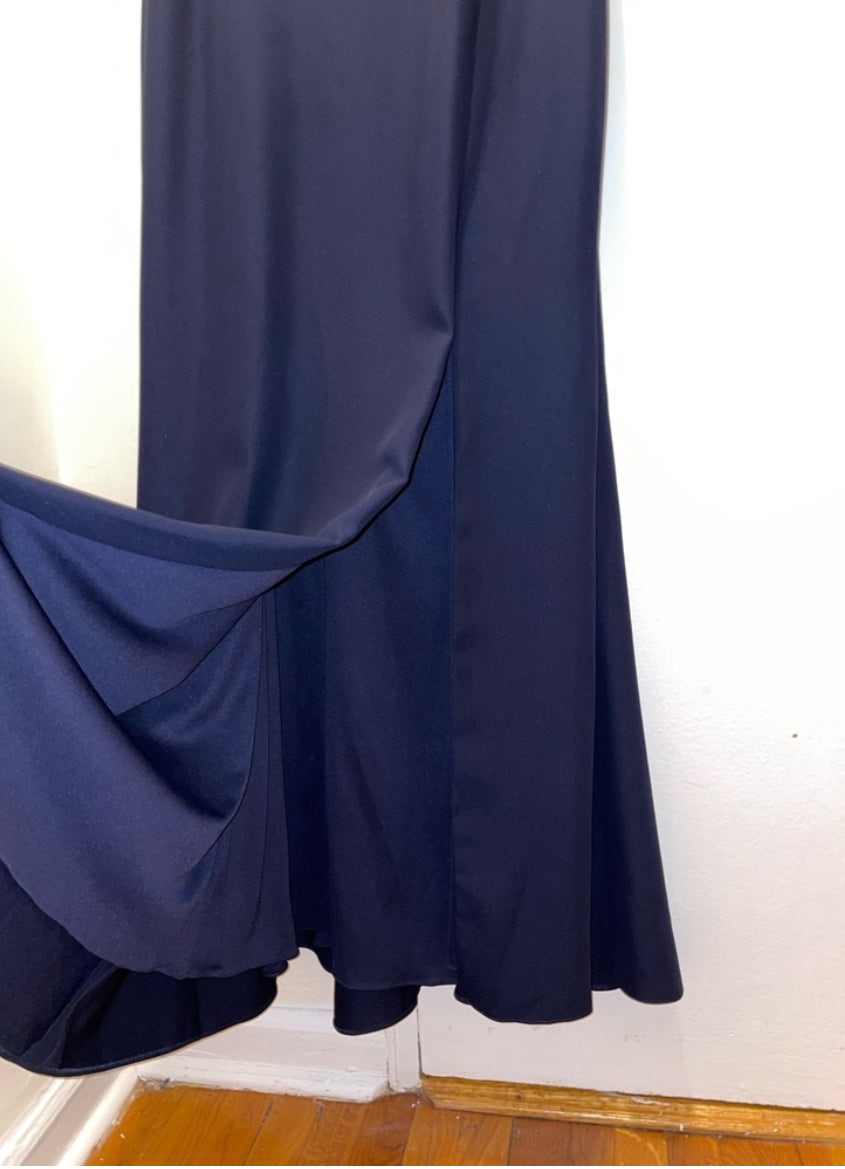 NWT After Six One Shoulder Draped Cowl Neck Maxi Dress Slit Midnight Blue Sz 16