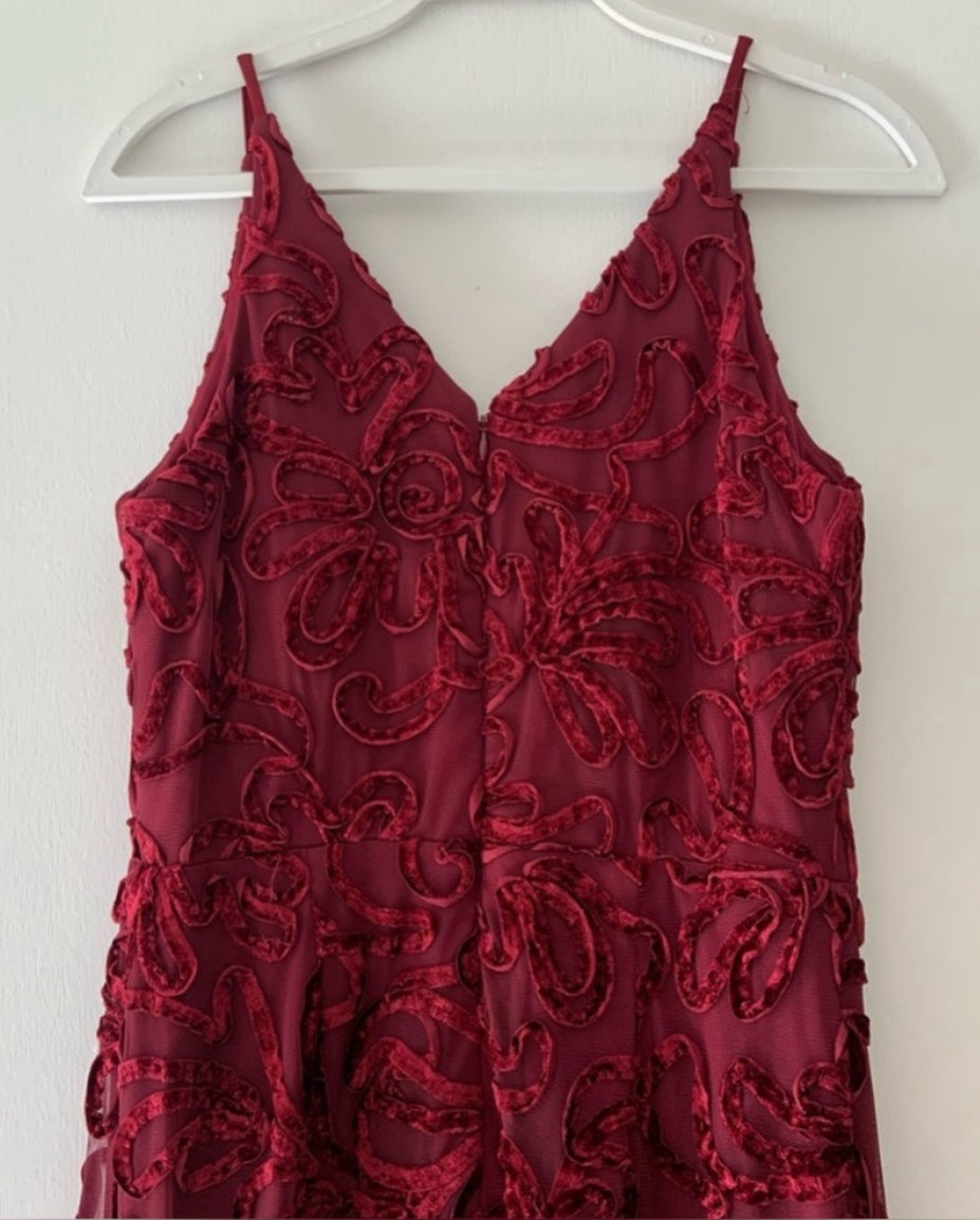 XSCAPE Flocked Velvet Mesh Formal Evening Gown Mermaid Dress Wine Red Sz 8 $258