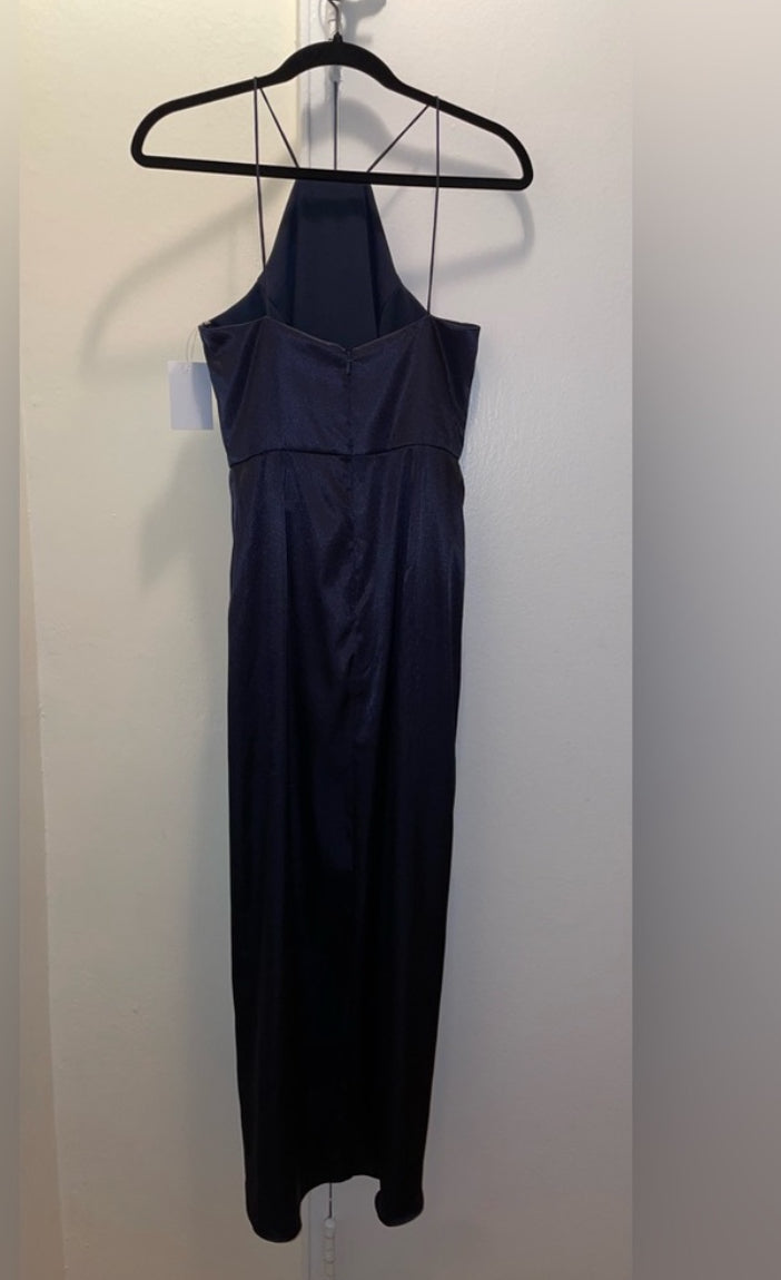 After Six Midnight Blue Charmeuse Halter Midi Dress Draped Tulip Skirt Sz 0 NWT