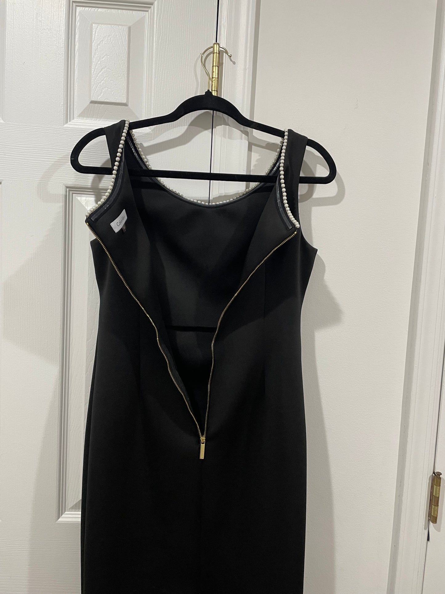 Calvin Klein Pearl Trim Sleeveless Black Sheath Midi Cocktail Dress Size 6 $139