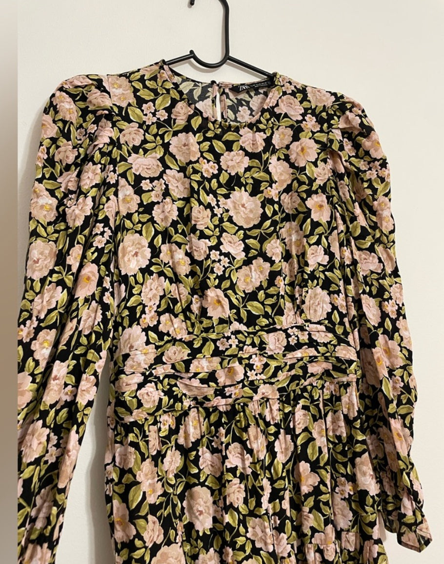 ZARA Floral Print Puff Sleeve Long Sleeve Mini Dress 8533/186 Size XS $70
