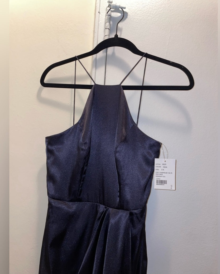 After Six Midnight Blue Charmeuse Halter Midi Dress Draped Tulip Skirt Sz 0 NWT