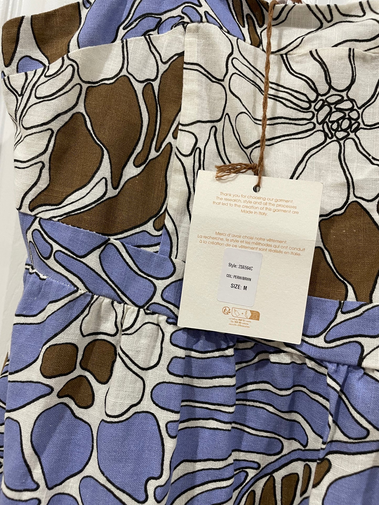 NWT Spighe Di Lino Linen Blend Made In Italy Midi Dress Periwinkle/Brown Size M