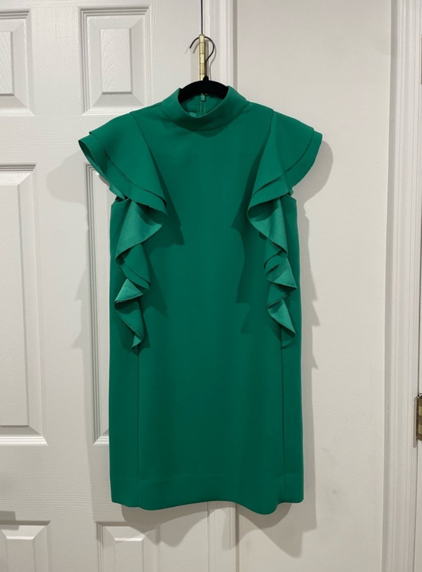 Kate Spade Emerald Green Satin Crepe Flutter Sleeve Shift Dress Size 00 $398
