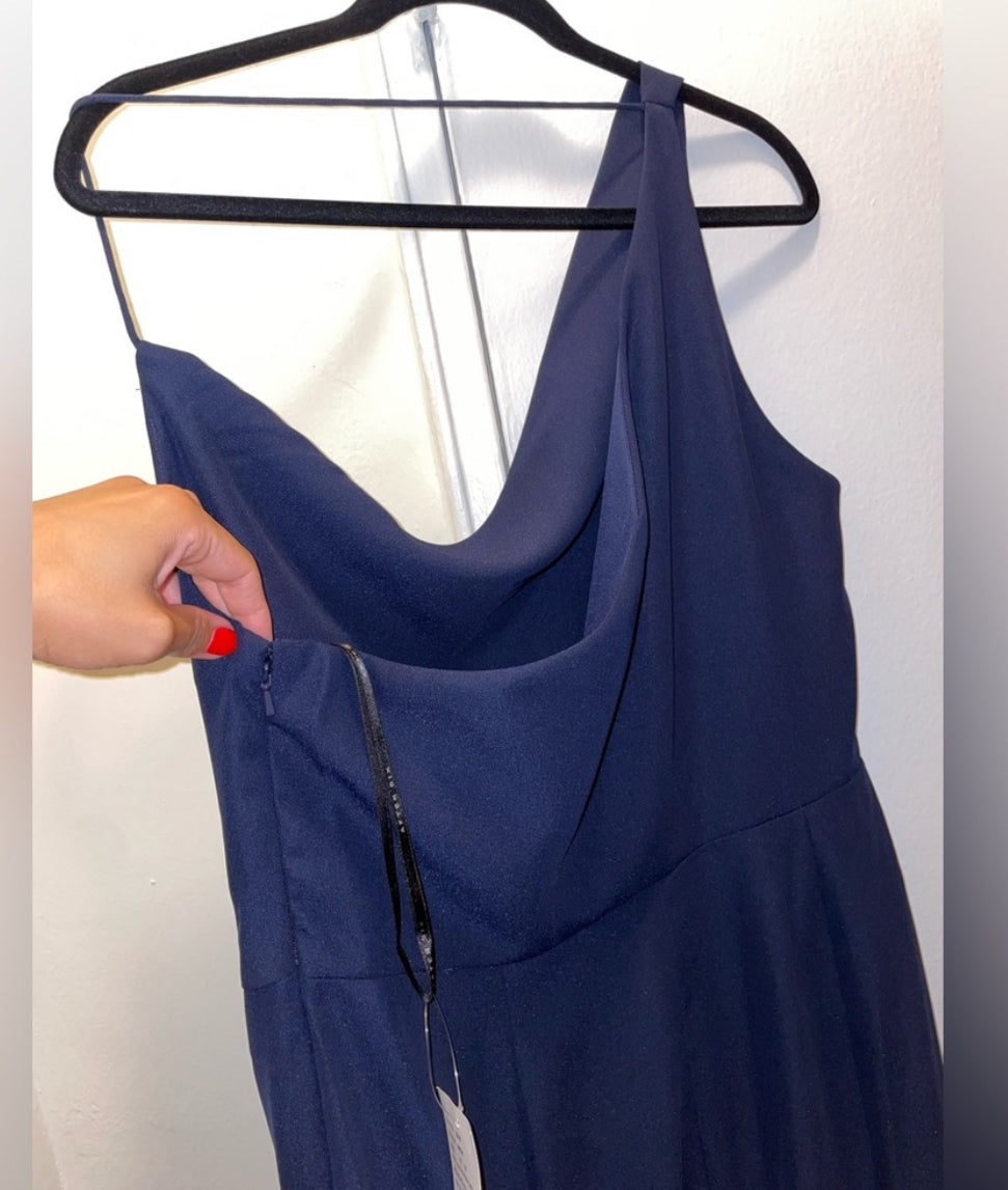 NWT After Six One Shoulder Draped Cowl Neck Maxi Dress Slit Midnight Blue Sz 16