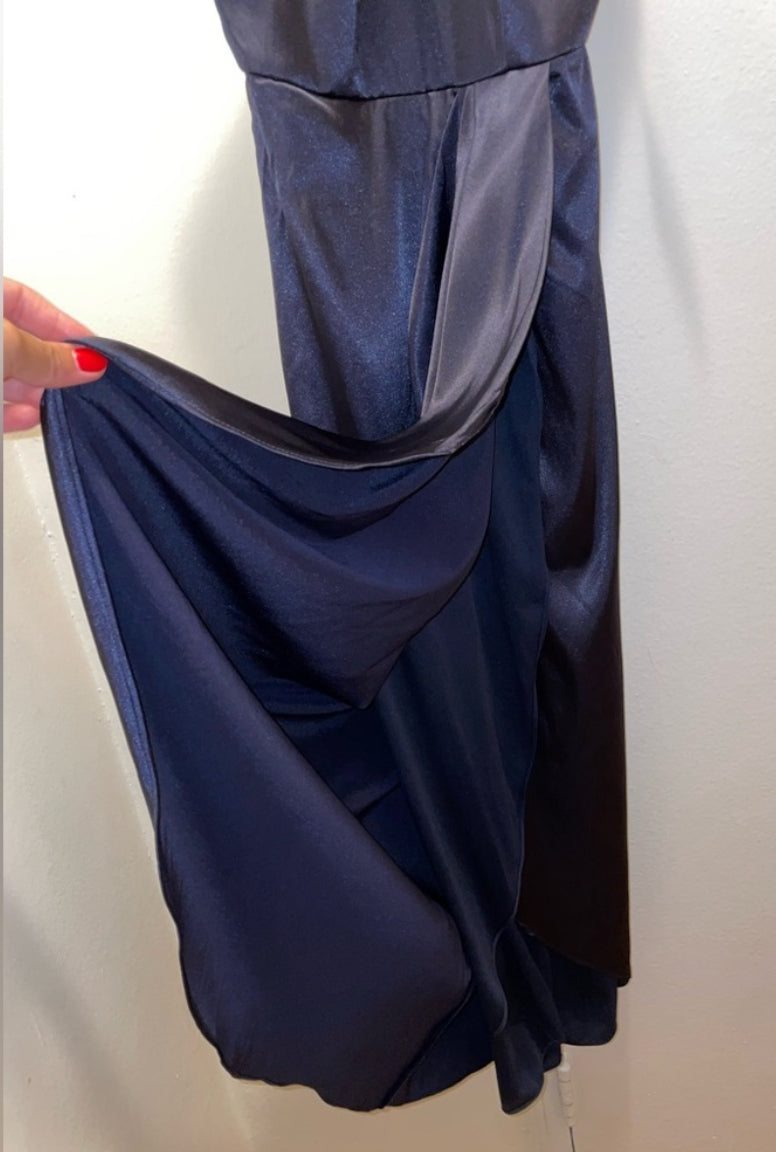 After Six Midnight Blue Charmeuse Halter Midi Dress Draped Tulip Skirt Sz 0