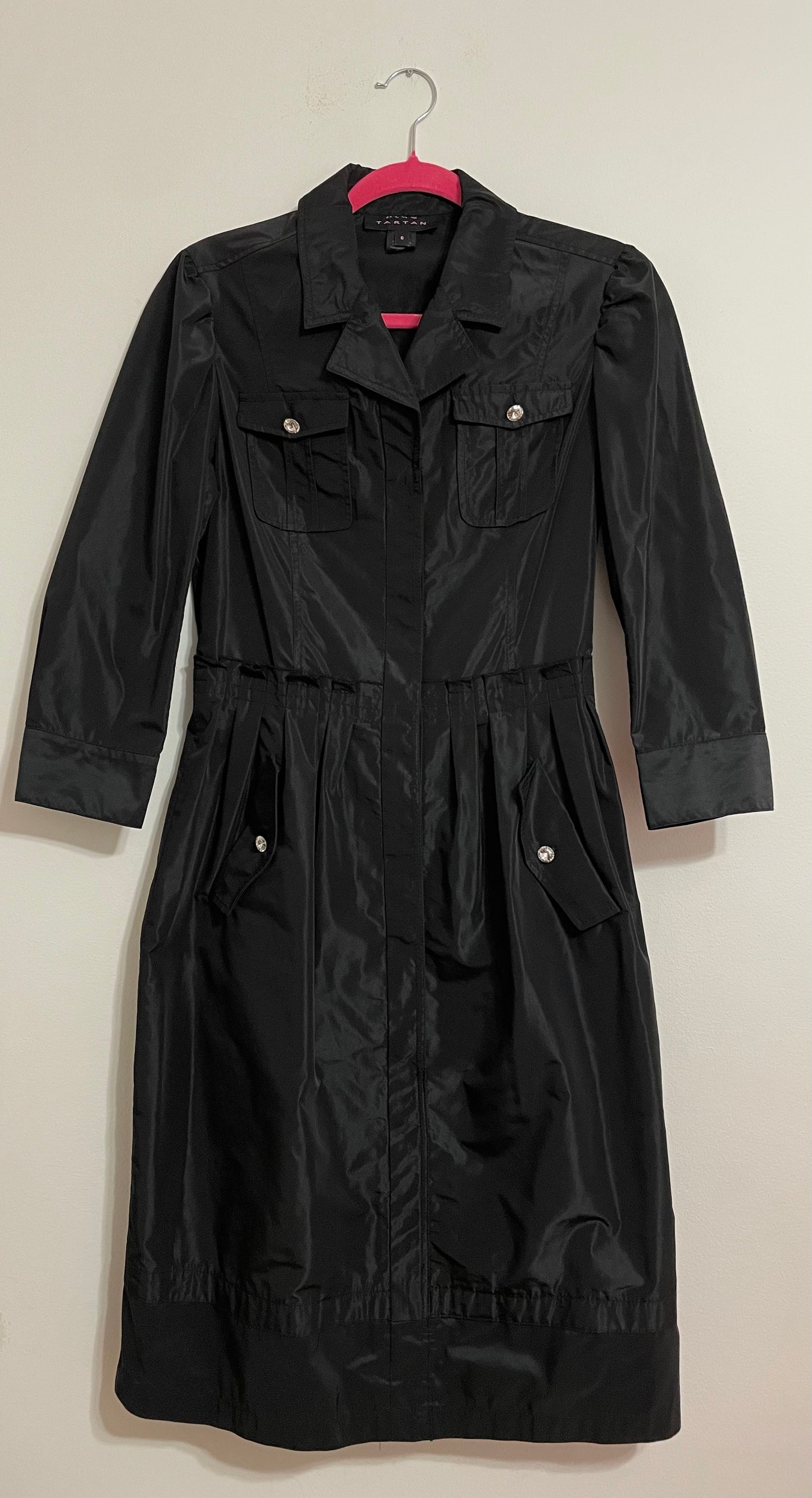 Pink Tartan Glossy Taffeta Black Collared Midi Shirt Dress Size 6