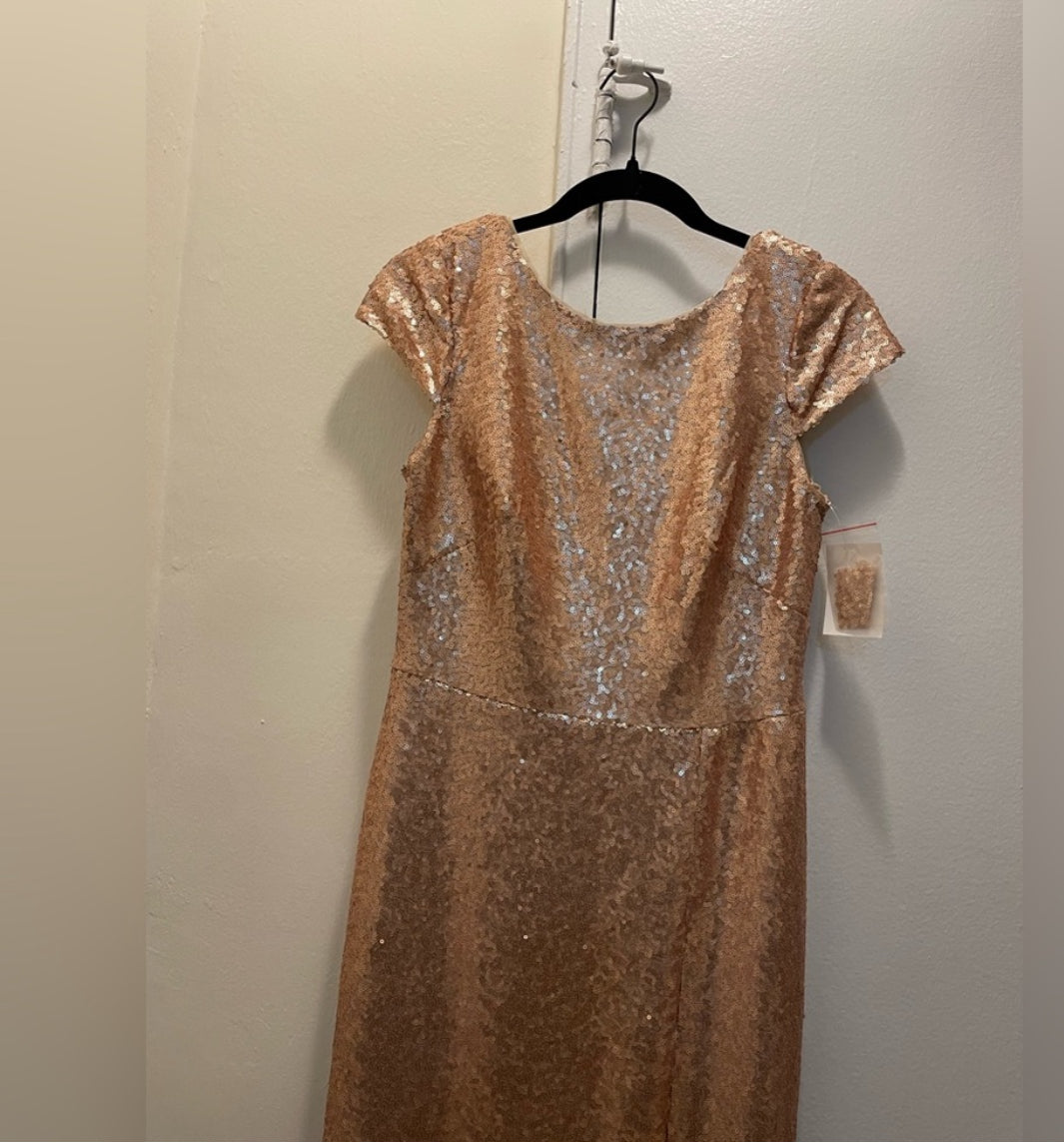 NWT DESSY COLLECTION Elle Rose Gold Sequin Maxi Dress Cowl Back Gown Size 6
