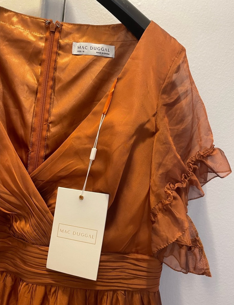 NWT Mac Duggal Ruffle-Trim Midi Dress Flutter Sleeves Rust Colored Size 16 $498