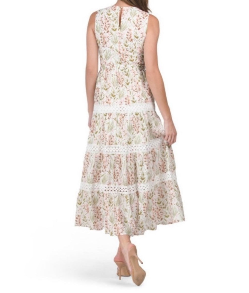 Melloday Tiered Floral Cutout Maxi Sleeveless Dress Eyelet Fit & Flare Size XS