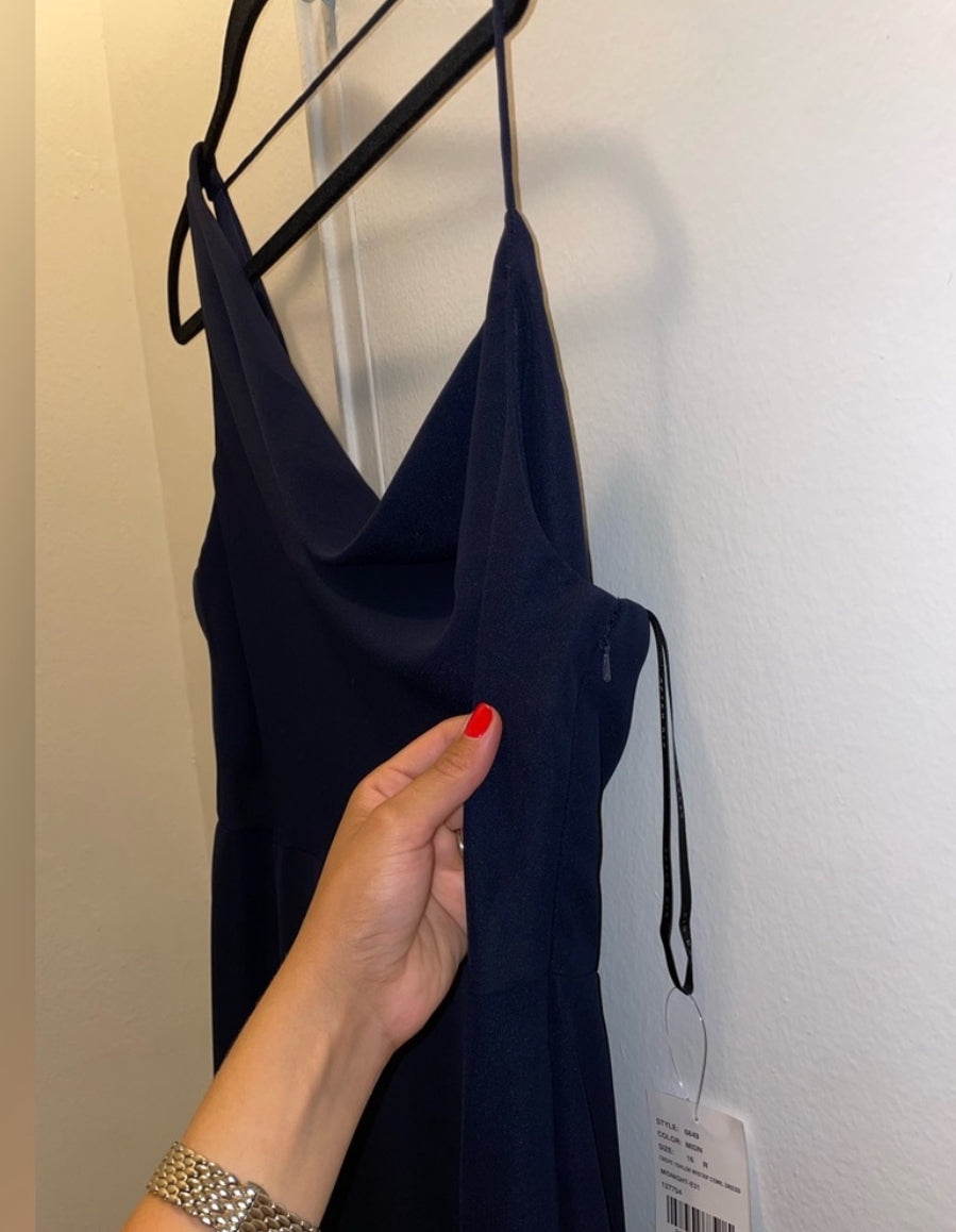 NWT After Six One Shoulder Draped Cowl Neck Maxi Dress Slit Midnight Blue Sz 16