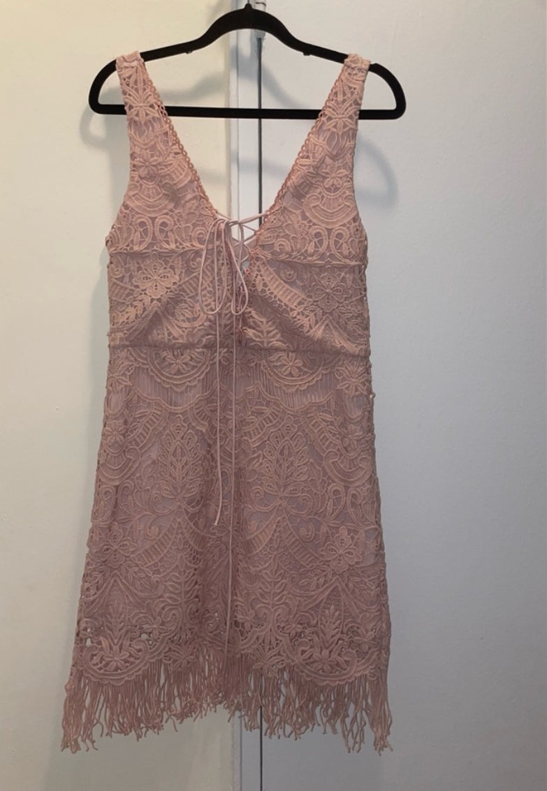 SAYLOR Elana Pink Lace V-Neck Mini Dress With Fringes Size XS