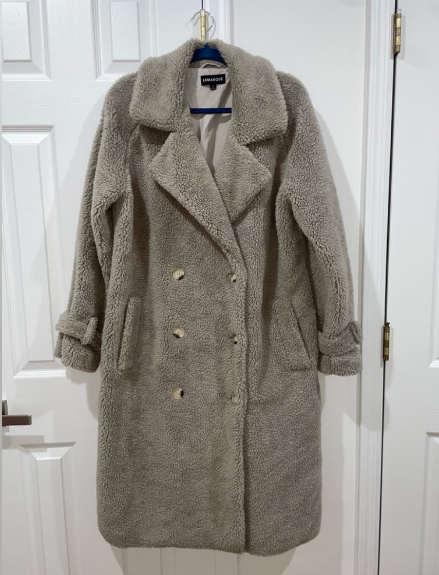 Lamarque Malani Taupe Oversized Faux Fur Sherpa Teddy Coat Size Medium $325