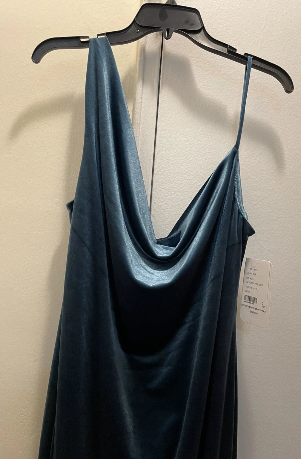Social Bridesmaid Asymmetrical Shoulder Velvet Maxi Dress Dutch Blue Size XL