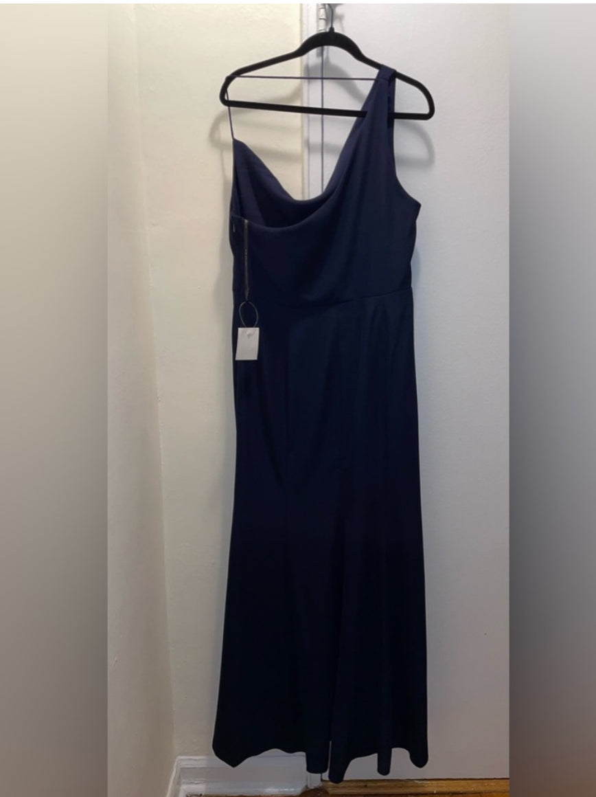 NWT After Six One Shoulder Draped Cowl Neck Maxi Dress Slit Midnight Blue Sz 16