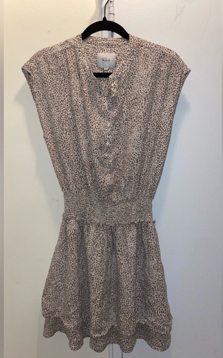 Rails Angelina Smocked Waist Tiered Mini Dress Sand Cheetah Linen Blend Size XS