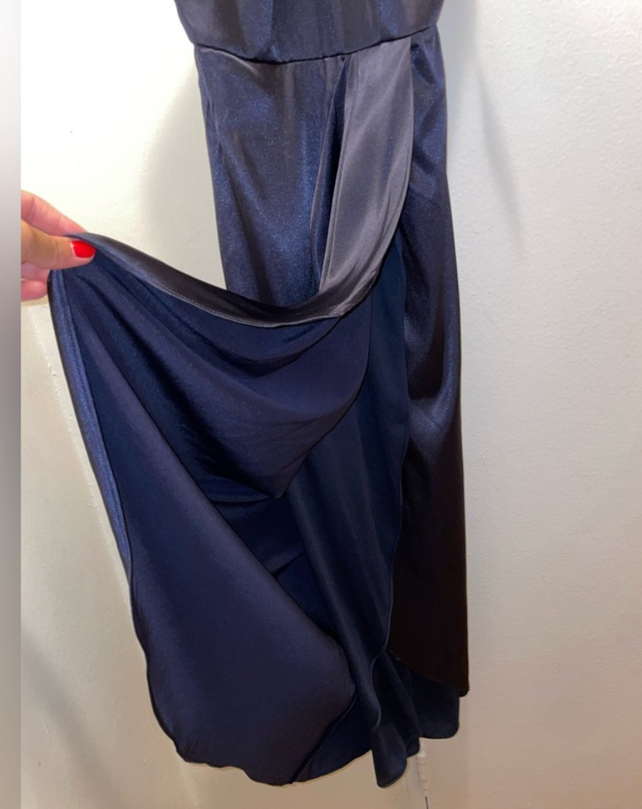 After Six Midnight Blue Charmeuse Halter Midi Dress Draped Tulip Skirt Sz 0 NWT